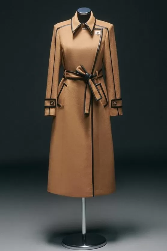 Fashion Karen Millen Wool Blend Pu Trim Belted Tailored Double Breasted Midi Coat camel